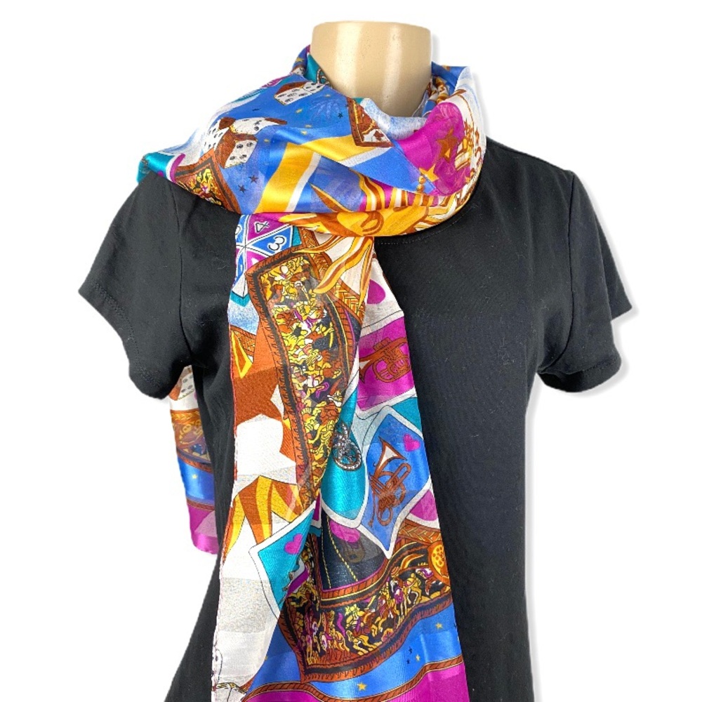 Unique pattern silk scarf pink blue gold white